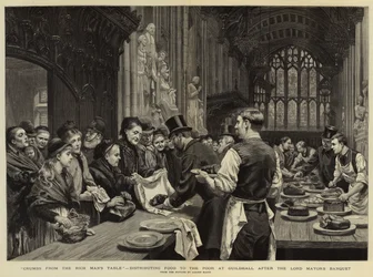 Kruimels van de tafel van de rijke man, voedsel uitdelen aan de armen in Guildhall na het banket van de Lord Mayor